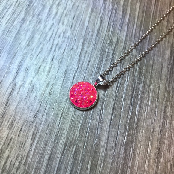 Hot Pink Iridescent Prism w/Silver Necklace - Picture 2 of 2